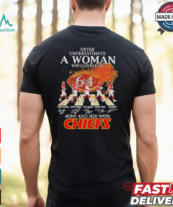 Never Underestimate A Woman Who Loves Fall And Her Kansas City Chiefs Abbey Road Signatures Shirt