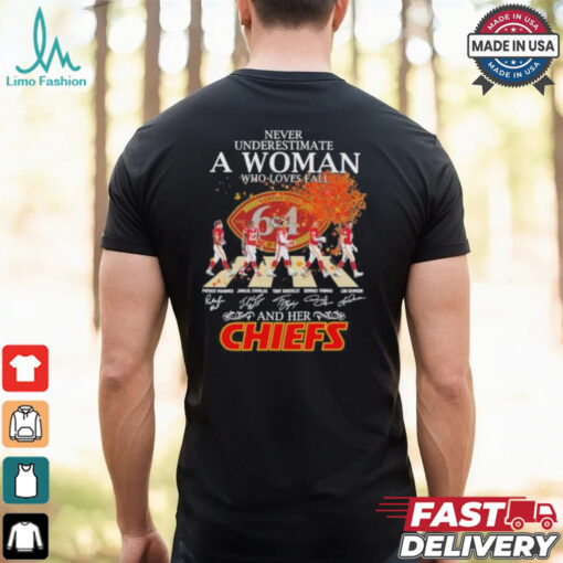 Never Underestimate A Woman Who Loves Fall And Her Kansas City Chiefs Abbey Road Signatures Shirt