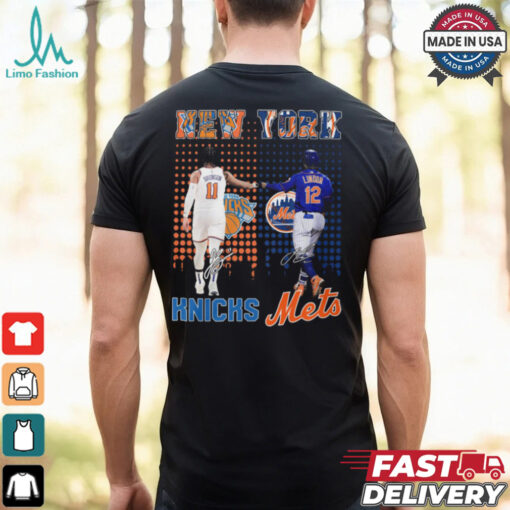 New York Knicks Jalen Brunson x New York Mets Francisco Lindor city skyline signatures shirt