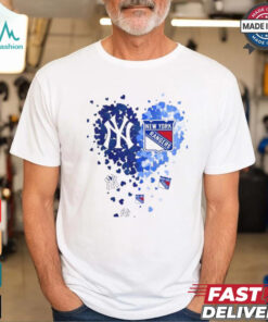 New York Yankees and New York Rangers Heart Tiny 2024 T Shirt White