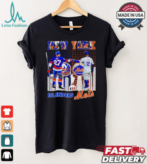 New York city skyline Islanders Lee and Mets Lindor signatures shirt