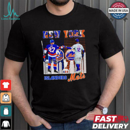 New York city skyline Islanders Lee and Mets Lindor signatures shirt