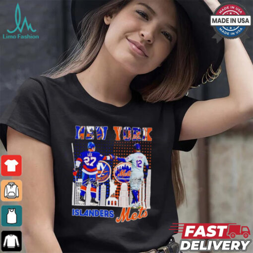 New York city skyline Islanders Lee and Mets Lindor signatures shirt