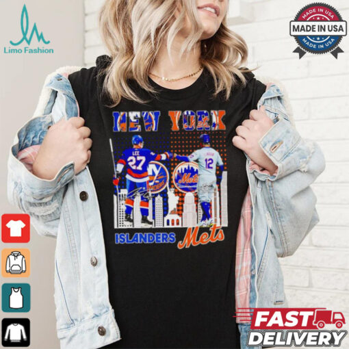 New York city skyline Islanders Lee and Mets Lindor signatures shirt