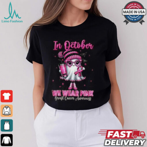 October We Wear Pink Breast Cancer Awareness Shirt, Cute Ghost Halloween Tee