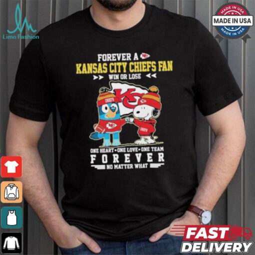 Official Snoopy And Bluey Forever A Kansas City Chiefs Fan Win Or Lose One Heart One Love One Team Shirt