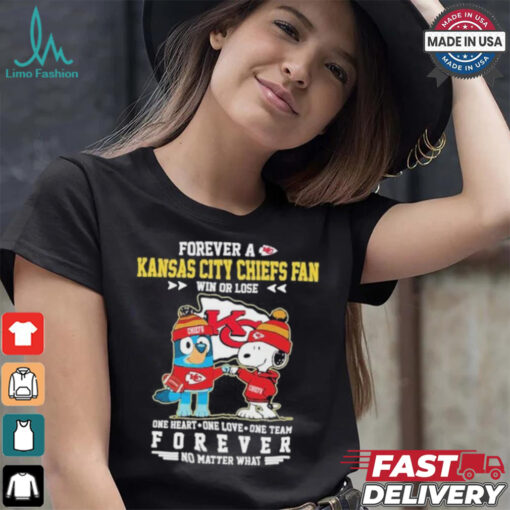 Official Snoopy And Bluey Forever A Kansas City Chiefs Fan Win Or Lose One Heart One Love One Team Shirt