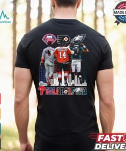 Original Philadelphia Phillies, Flyers, And Eagles Sean Couturier, Bryce Harper, Jalen Hurts Signatures 2024 T shirt