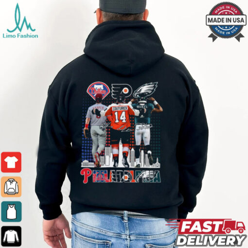 Original Philadelphia Phillies, Flyers, And Eagles Sean Couturier, Bryce Harper, Jalen Hurts Signatures 2024 T shirt