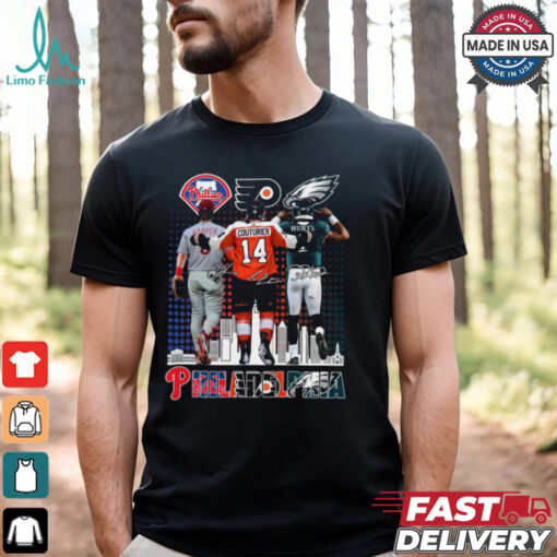 Original Philadelphia Phillies, Flyers, And Eagles Sean Couturier, Bryce Harper, Jalen Hurts Signatures 2024 T shirt