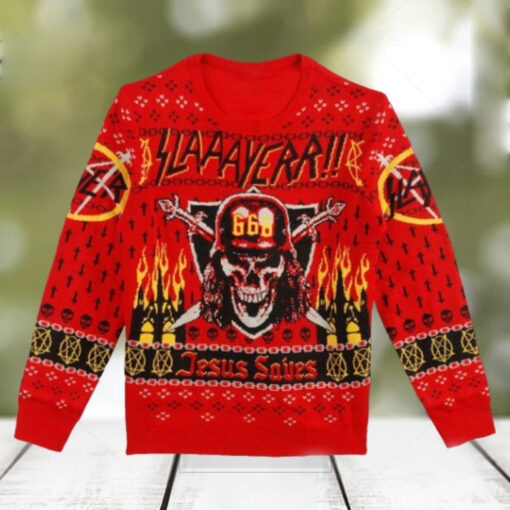 Slayer 666 Holiday Jesus Saves Fire Knitted Christmas Ugly Sweater