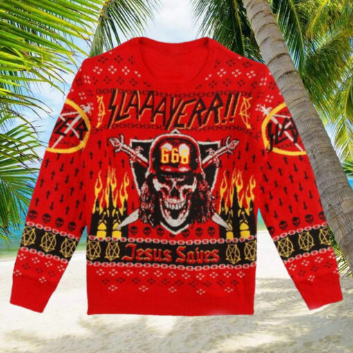 Slayer 666 Holiday Jesus Saves Fire Knitted Christmas Ugly Sweater