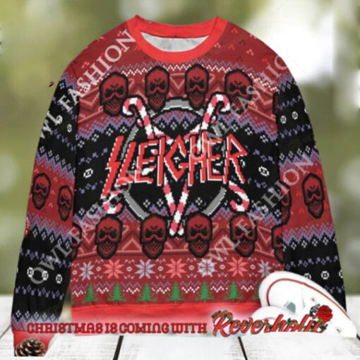 Slayer Band Sleigher Logo Candy Crane Star Style With Skull Pattern 2024 Christmas Ugly Sweater