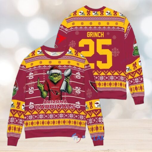 Arizona Cardinals x Grinch Christmas Dr. Seuss How the Grinch Stole Christmas with Super Bowl Trophy Custom Ugly Christmas Sweater