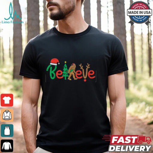 Believe Bigfoot Sasquatch Santa Reindeer Christmas Tree Gift T Shirt Recovered