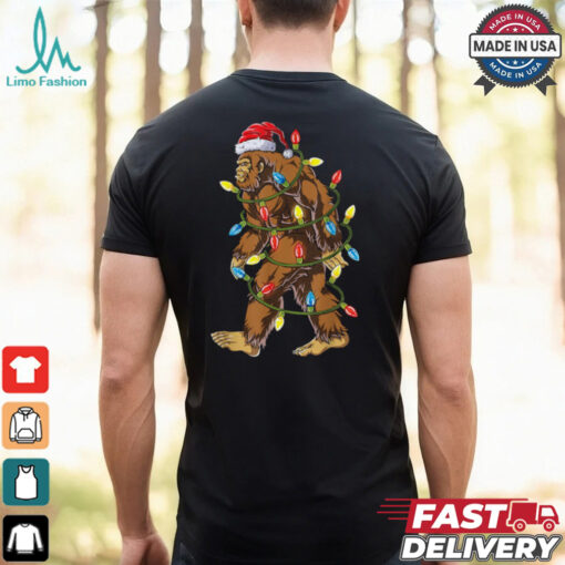 Bigfoot Santa Christmas Tree Lights Xmas Boys Men Sasquatch T Shirt Recovered