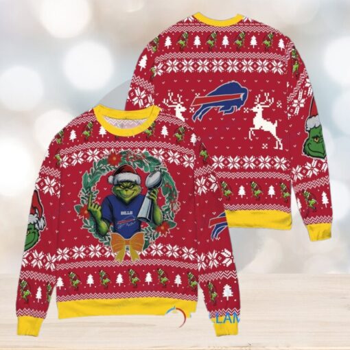 Buffalo Bills x Grinch NFL Dr. Seuss How the Grinch Stole Christmas with Super Bowl Trophy Ugly Christmas Sweater Red