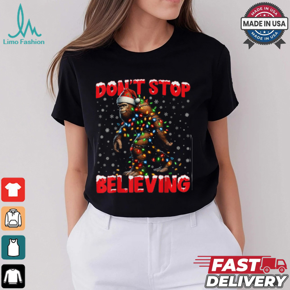 Christmas Bigfoot Don't Stop Believing Santa Hat Lights Tees T Shirt Recovered Christmas Bigfoot Don't Stop Believing Santa Hat Lights Tees T Shirt Recovered