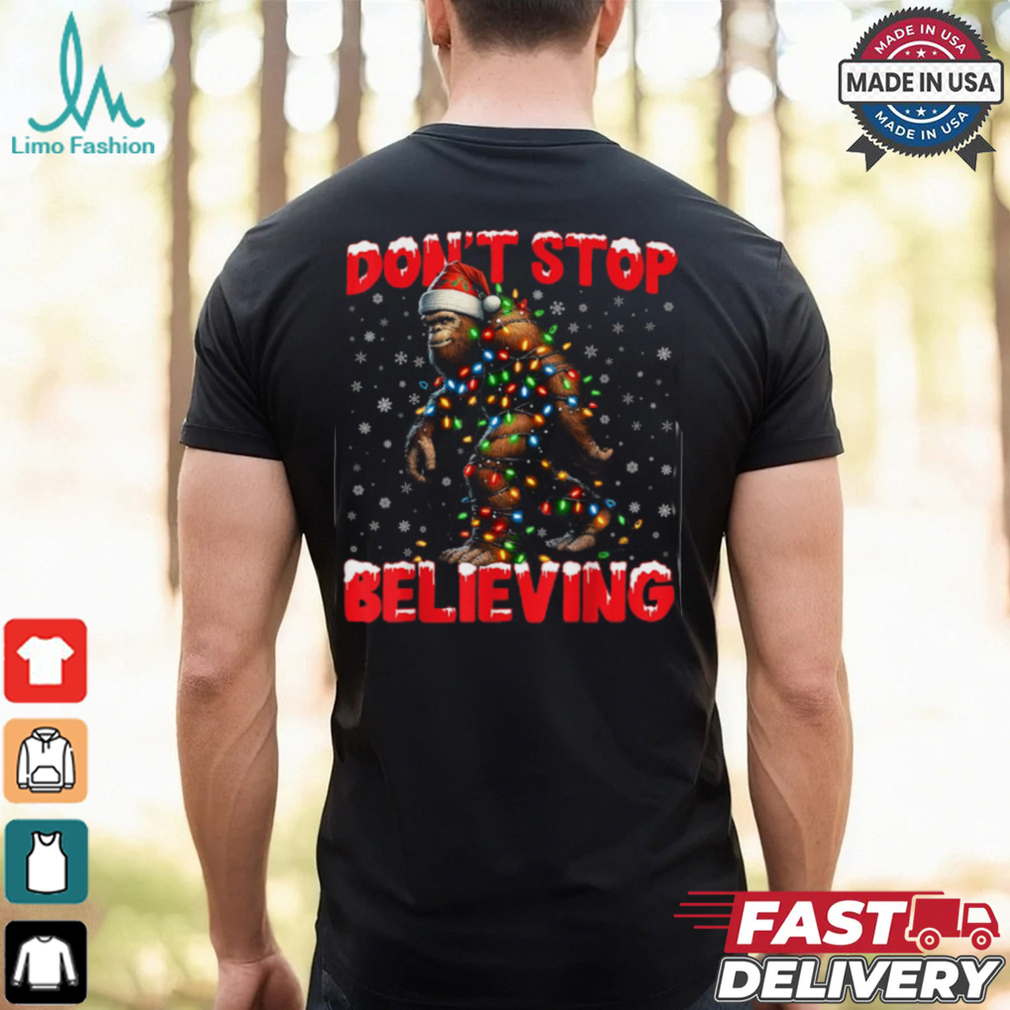 Christmas Bigfoot Don't Stop Believing Santa Hat Lights Tees T Shirt Recovered Christmas Bigfoot Don't Stop Believing Santa Hat Lights Tees T Shirt Recovered