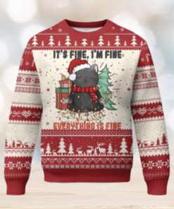 Christmas Black Cat Ugly Christmas Sweater It’s Fine I’m Fine Everything Is Fine Xmas Light Funny