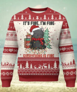 Christmas Black Cat Ugly Christmas Sweater It’s Fine I’m Fine Everything Is Fine Xmas Light Funny