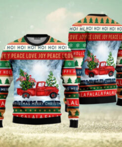 Christmas Flamingo Ugly Sweater, Flamingo With Red Truck Shirt, Christmas Truck Family Sweater