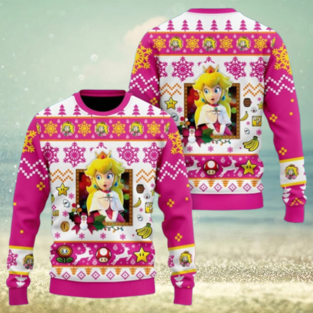 Christmas Princess Peach Ugly Sweater, Mario Characters Holiday Sweater Christmas Princess Peach Ugly Sweater, Mario Characters Holiday Sweater