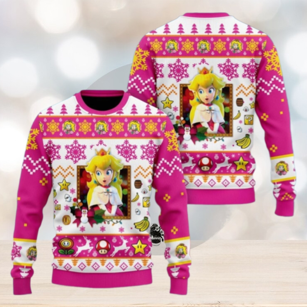 Christmas Princess Peach Ugly Sweater, Mario Characters Holiday Sweater Christmas Princess Peach Ugly Sweater, Mario Characters Holiday Sweater