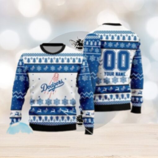 Custom Name Dodgers Ugly Christmas Sweater With Snowflakes