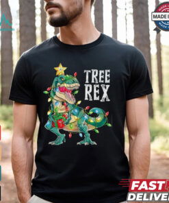 Dinosaur Christmas Tree Rex Pajamas Men Boys Xmas Lights Christmas T Shirt
