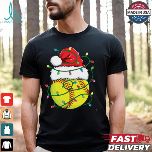 Funny Christmas Softball Santa Hat Womens Girls Xmas Lights Softball T Shirt Recovered