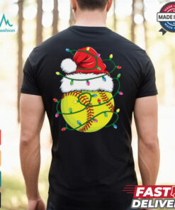 Funny Christmas Softball Santa Hat Womens Girls Xmas Lights Softball T Shirt Recovered