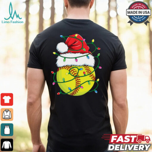 Funny Christmas Softball Santa Hat Womens Girls Xmas Lights Softball T Shirt Recovered