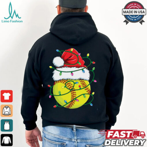 Funny Christmas Softball Santa Hat Womens Girls Xmas Lights Softball T Shirt Recovered