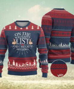 Funny Xmas Ugly Christmas Sweater On The List Of Naughty And I Regret Nothing Middle Finger