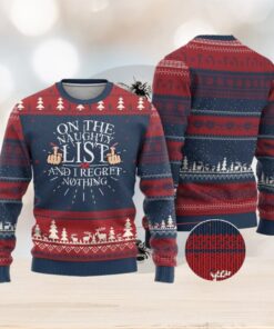 Funny Xmas Ugly Christmas Sweater On The List Of Naughty And I Regret Nothing Middle Finger