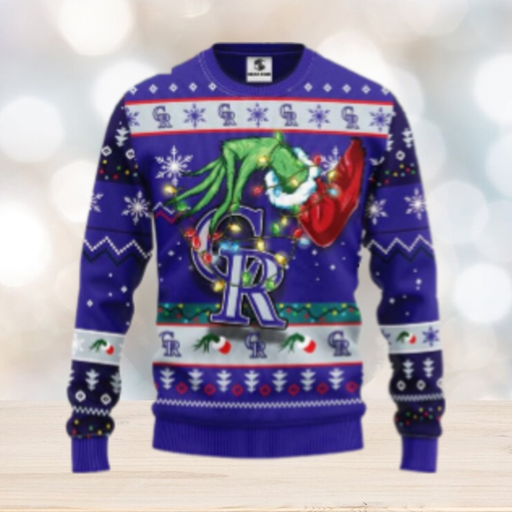 Grinch Holding Lights Colorado Rockies Ugly Christmas Sweater Grinch Holding Lights Colorado Rockies Ugly Christmas Sweater