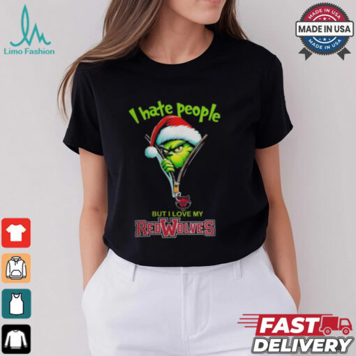Grinch Santa Hat I Hate People But I Love My Arkansas State Red Wolves Christmas Logo Shirt