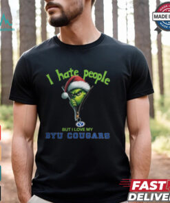 Grinch Santa Hat I Hate People But I Love My BYU Cougars Christmas Logo Shirt