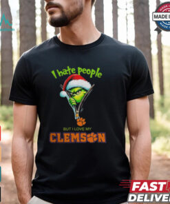 Grinch Santa Hat I Hate People But I Love My Clemson Tigers Christmas Logo Shirt