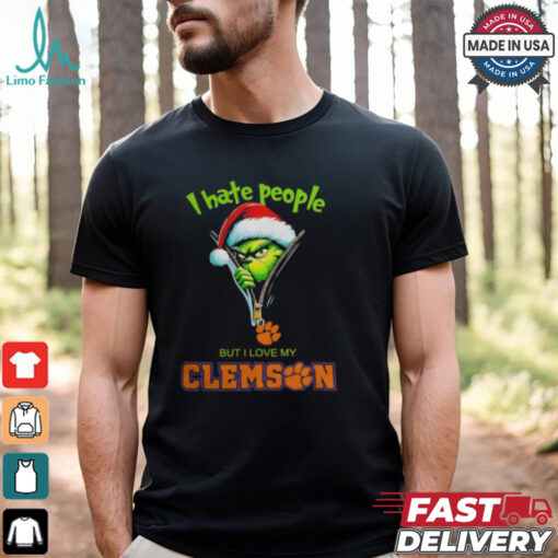 Grinch Santa Hat I Hate People But I Love My Clemson Tigers Christmas Logo Shirt