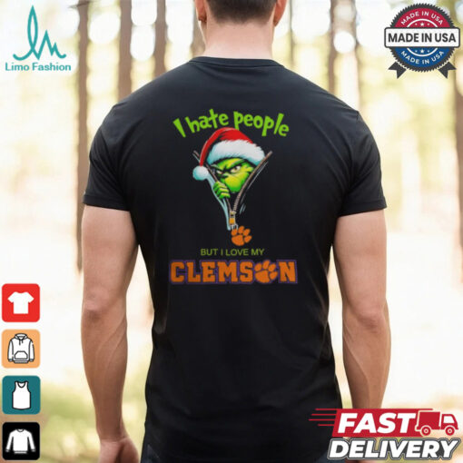 Grinch Santa Hat I Hate People But I Love My Clemson Tigers Christmas Logo Shirt