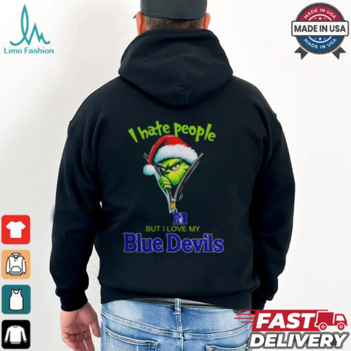 Grinch Santa Hat I Hate People But I Love My Duke Blue Devils Christmas Logo Shirt