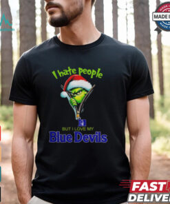 Grinch Santa Hat I Hate People But I Love My Duke Blue Devils Christmas Logo Shirt