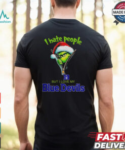 Grinch Santa Hat I Hate People But I Love My Duke Blue Devils Christmas Logo Shirt