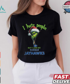 Grinch Santa Hat I Hate People But I Love My Kansas Jayhawks Christmas Logo Shirt