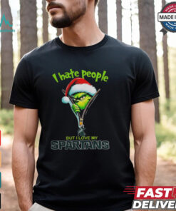 Grinch Santa Hat I Hate People But I Love My Michigan State Spartans Christmas Logo Shirt