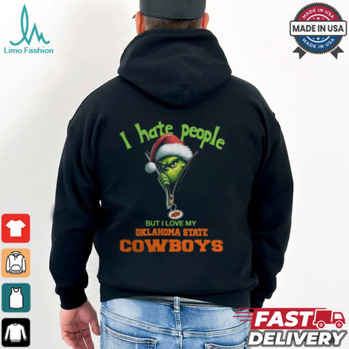 Grinch Santa Hat I Hate People But I Love My Oklahoma State Cowboys Christmas Logo Shirt