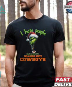 Grinch Santa Hat I Hate People But I Love My Oklahoma State Cowboys Christmas Logo Shirt