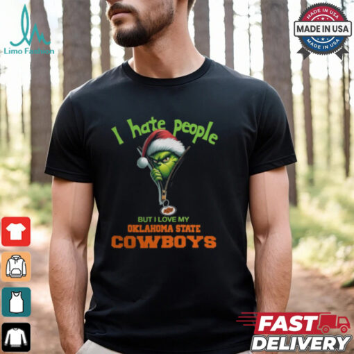 Grinch Santa Hat I Hate People But I Love My Oklahoma State Cowboys Christmas Logo Shirt